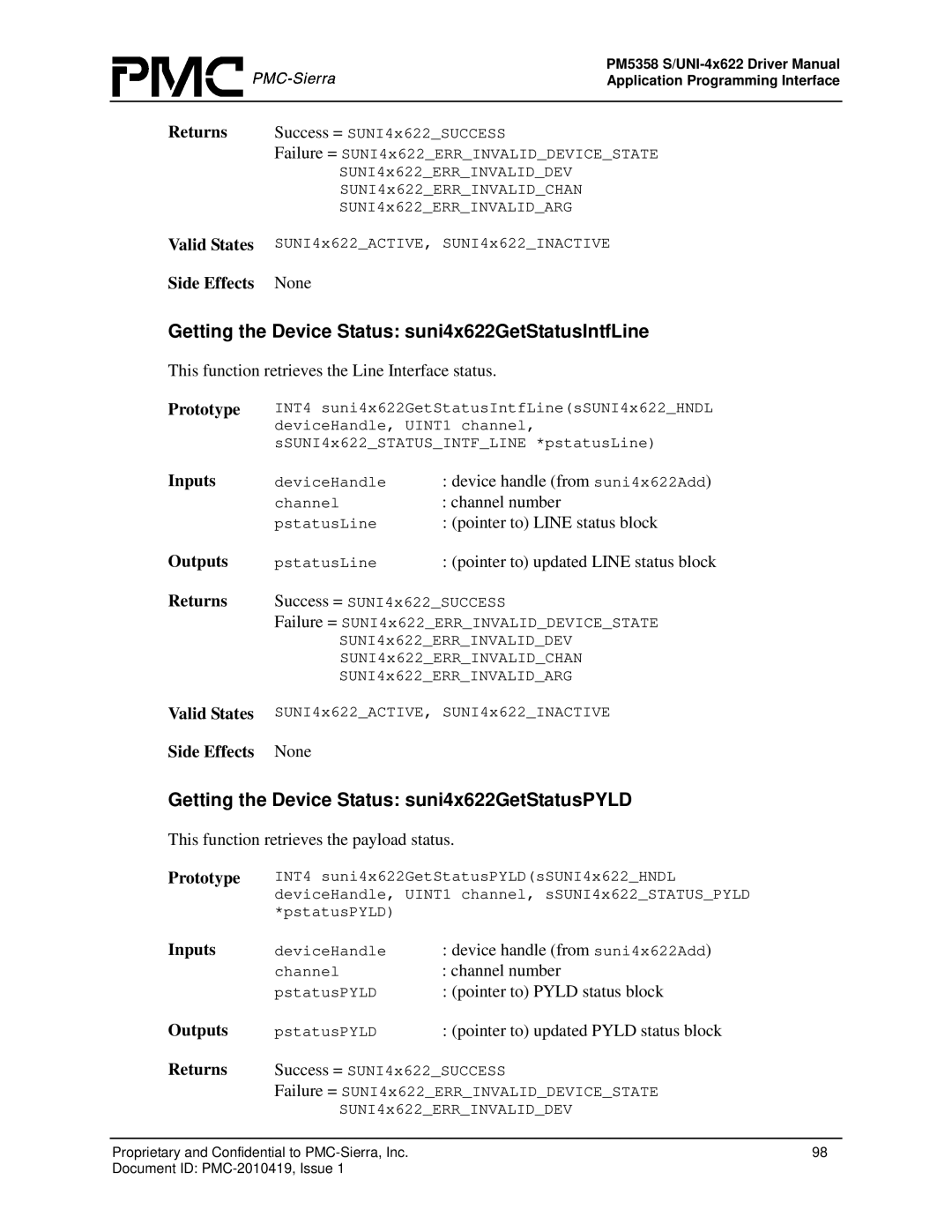 PMC-Sierra PM5358 S/UNI 4x622 manual Getting the Device Status suni4x622GetStatusIntfLine 