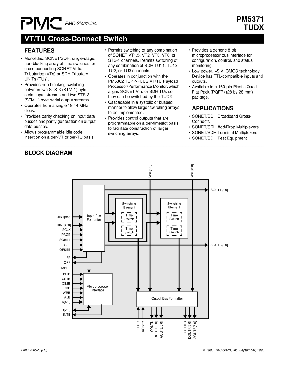 PMC-Sierra PM5371 manual Tudx, Features, Applications, Block Diagram 