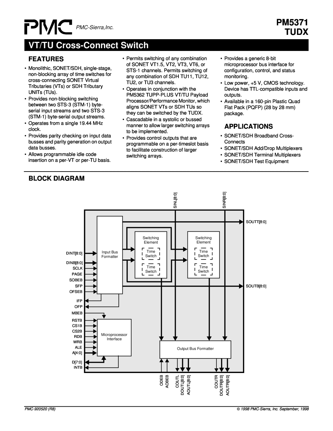 PMC-Sierra manual VT/TU Cross-Connect Switch, PM5371 TUDX, Features, Applications, Block Diagram, PMC-Sierra,Inc 