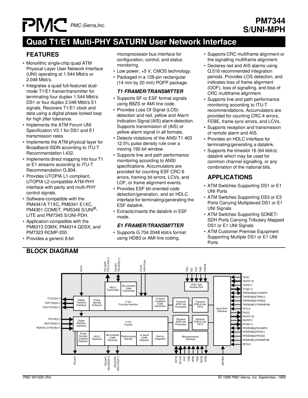 PMC-Sierra PM7344 specifications Uni-Mph, Features, Applications, Block Diagram 