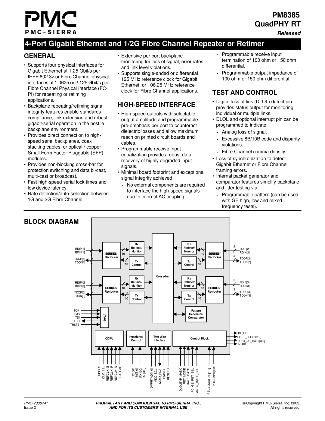 PMC-Sierra PM8385 manual General, HIGH-SPEED Interface, Test and Control, Block Diagram 