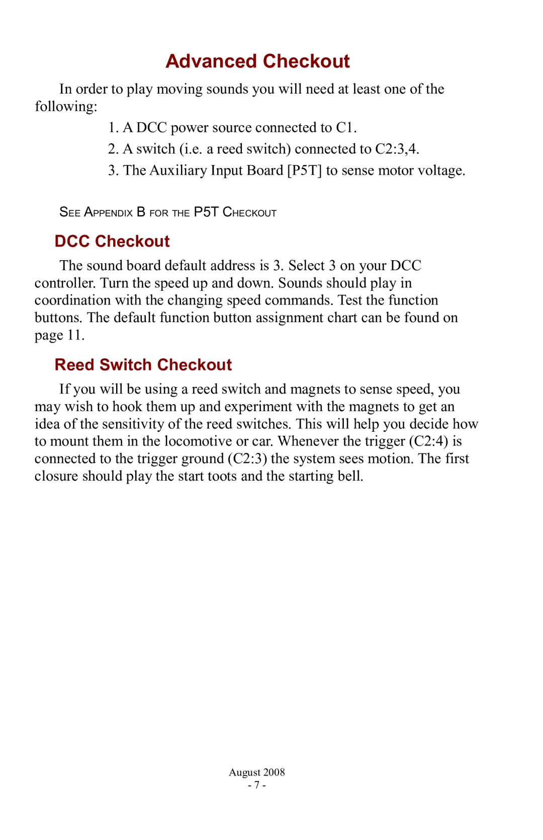 PMI - Phoenix P5 manual Advanced Checkout, DCC Checkout, Reed Switch Checkout 