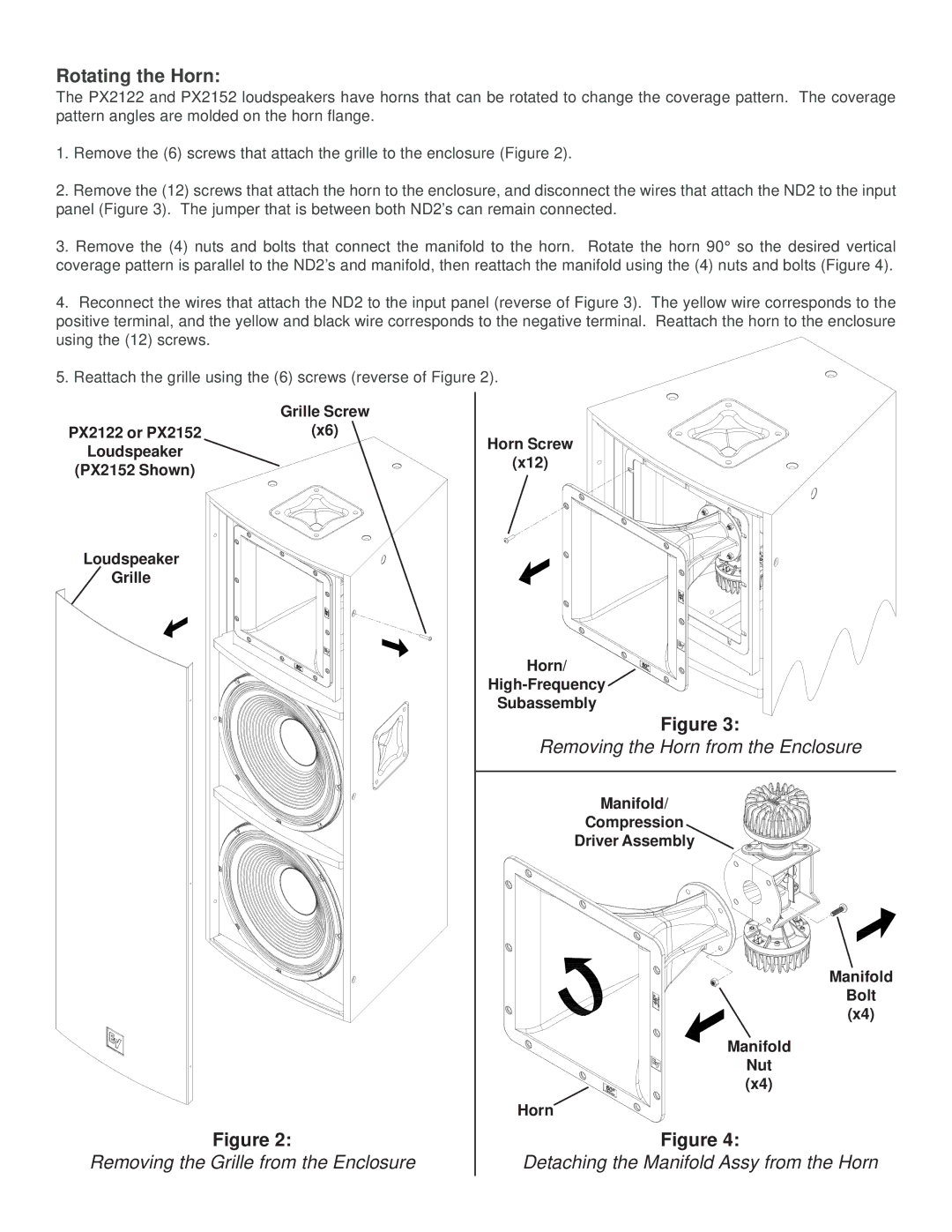 PMI - Phoenix PX1122M, PX2152, PX2122, PX1152M specifications Rotating the Horn 