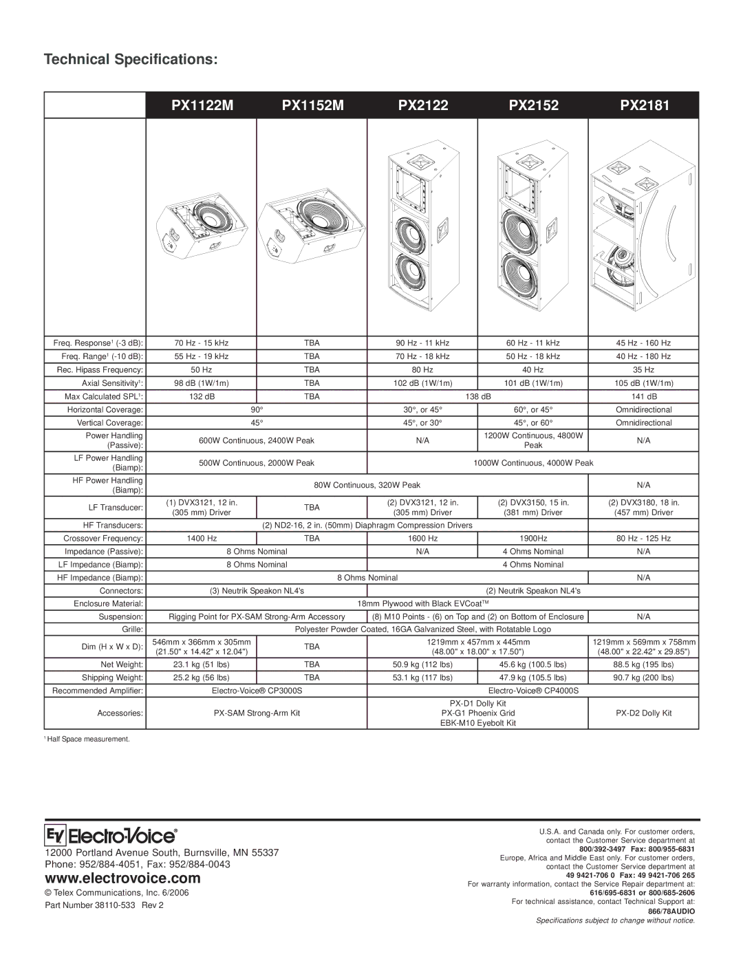 PMI - Phoenix PX1152M, PX2152, PX2122, PX1122M specifications Technical Specifications 