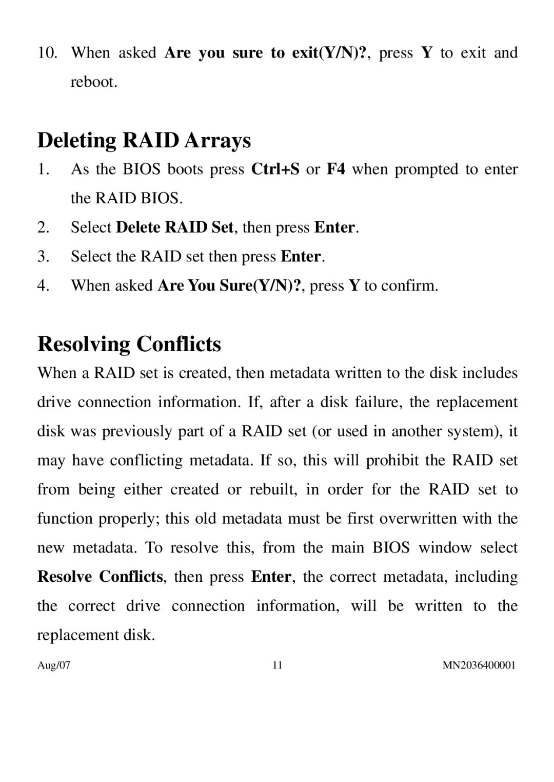 PNY P-DSA2-PCIE-RF user manual Deleting RAID Arrays, Resolving Conflicts 