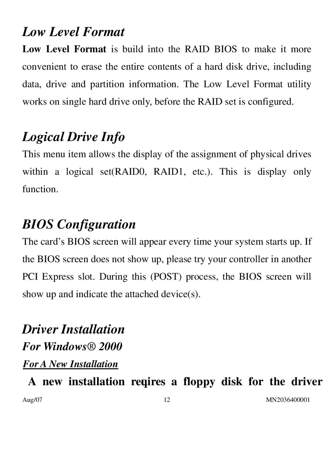 PNY P-DSA2-PCIE-RF user manual Low Level Format, Logical Drive Info, Bios Configuration, Driver Installation, For Windows 