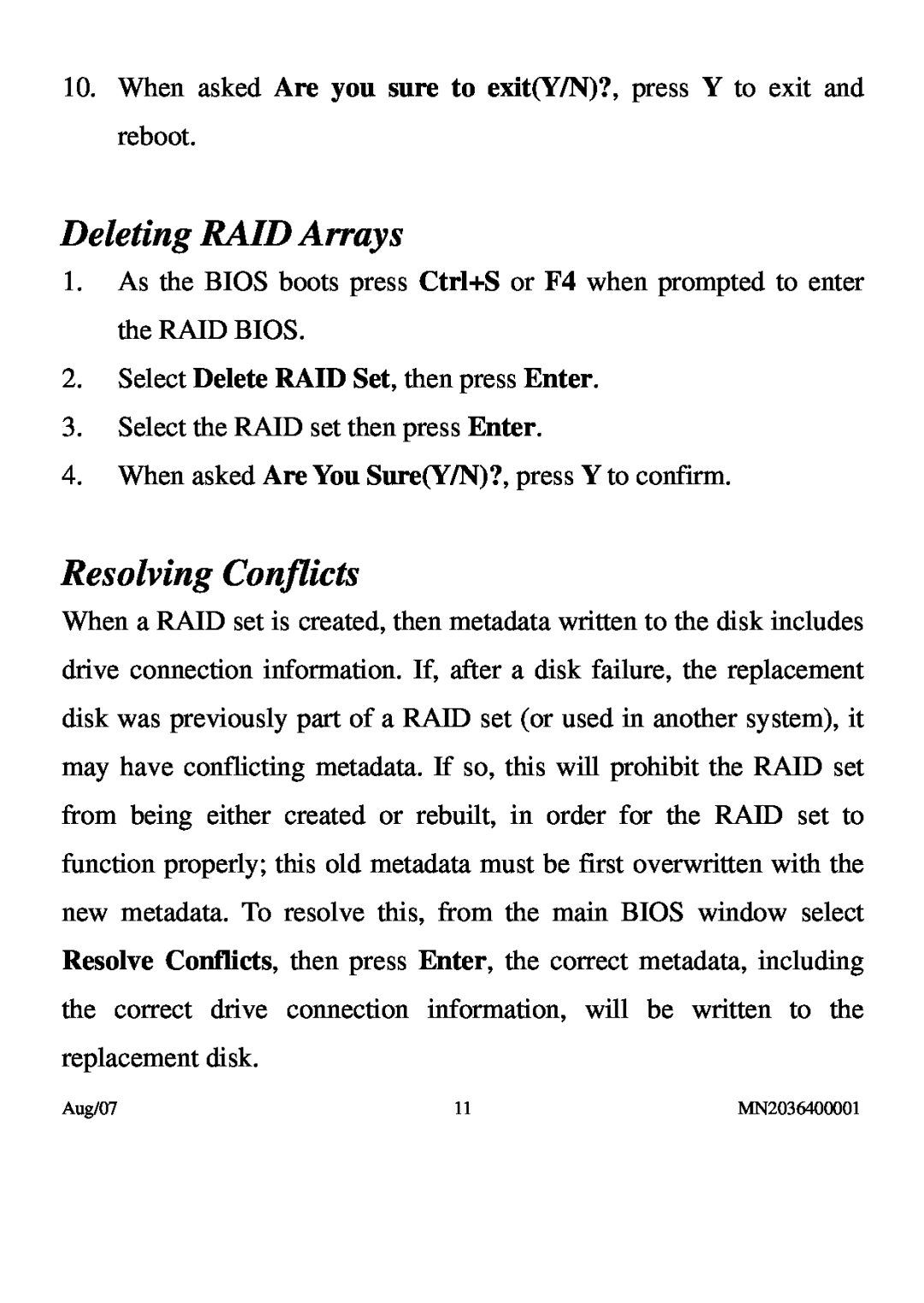 PNY P-DSA2-PCIE-RF user manual Deleting RAID Arrays, Resolving Conflicts 