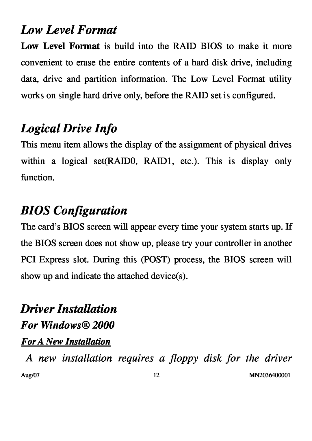 PNY P-DSA2-PCIE-RF user manual Low Level Format, Logical Drive Info, BIOS Configuration, Driver Installation, For Windows 