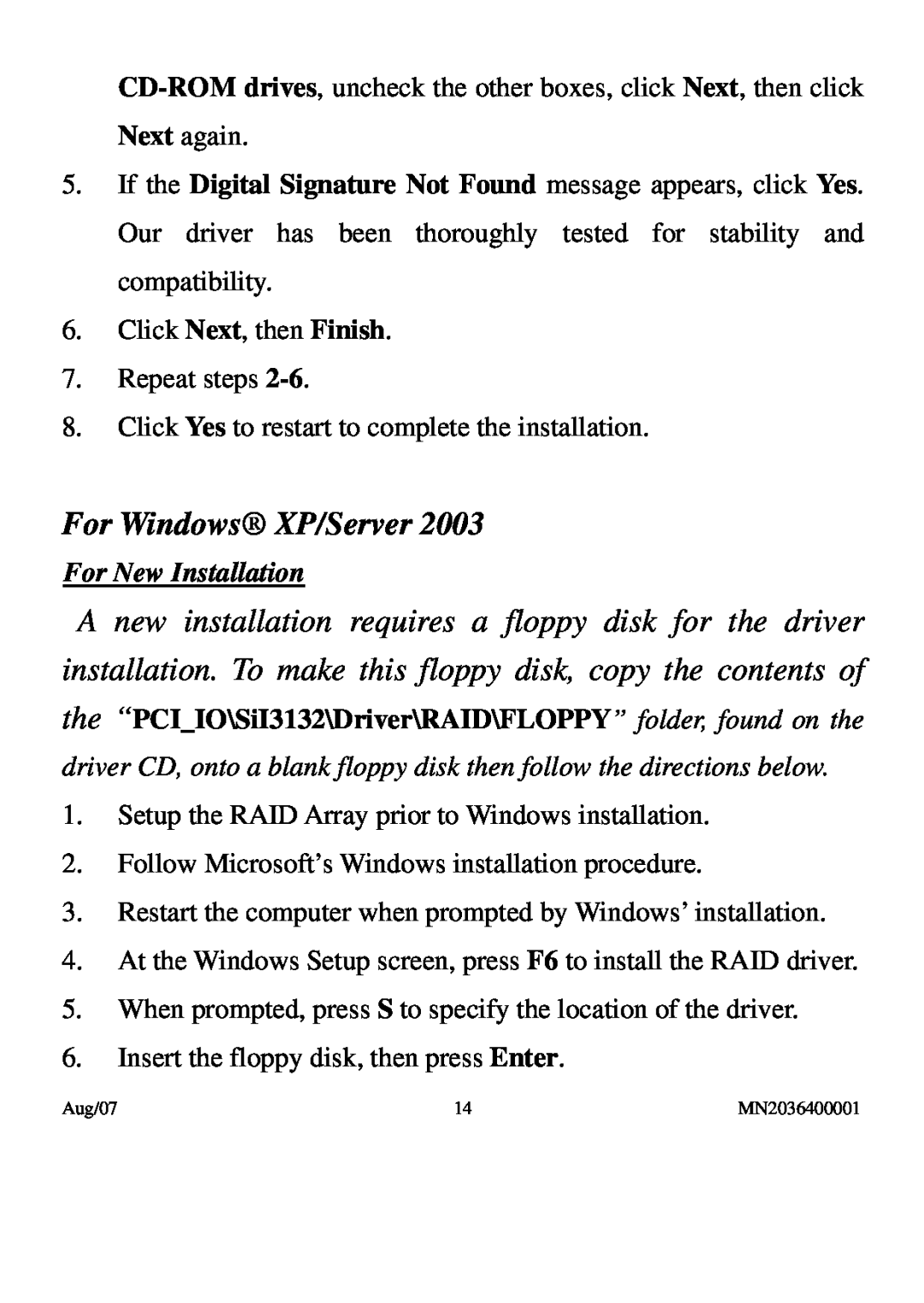 PNY P-DSA2-PCIE-RF user manual For Windows XP/Server, For New Installation 