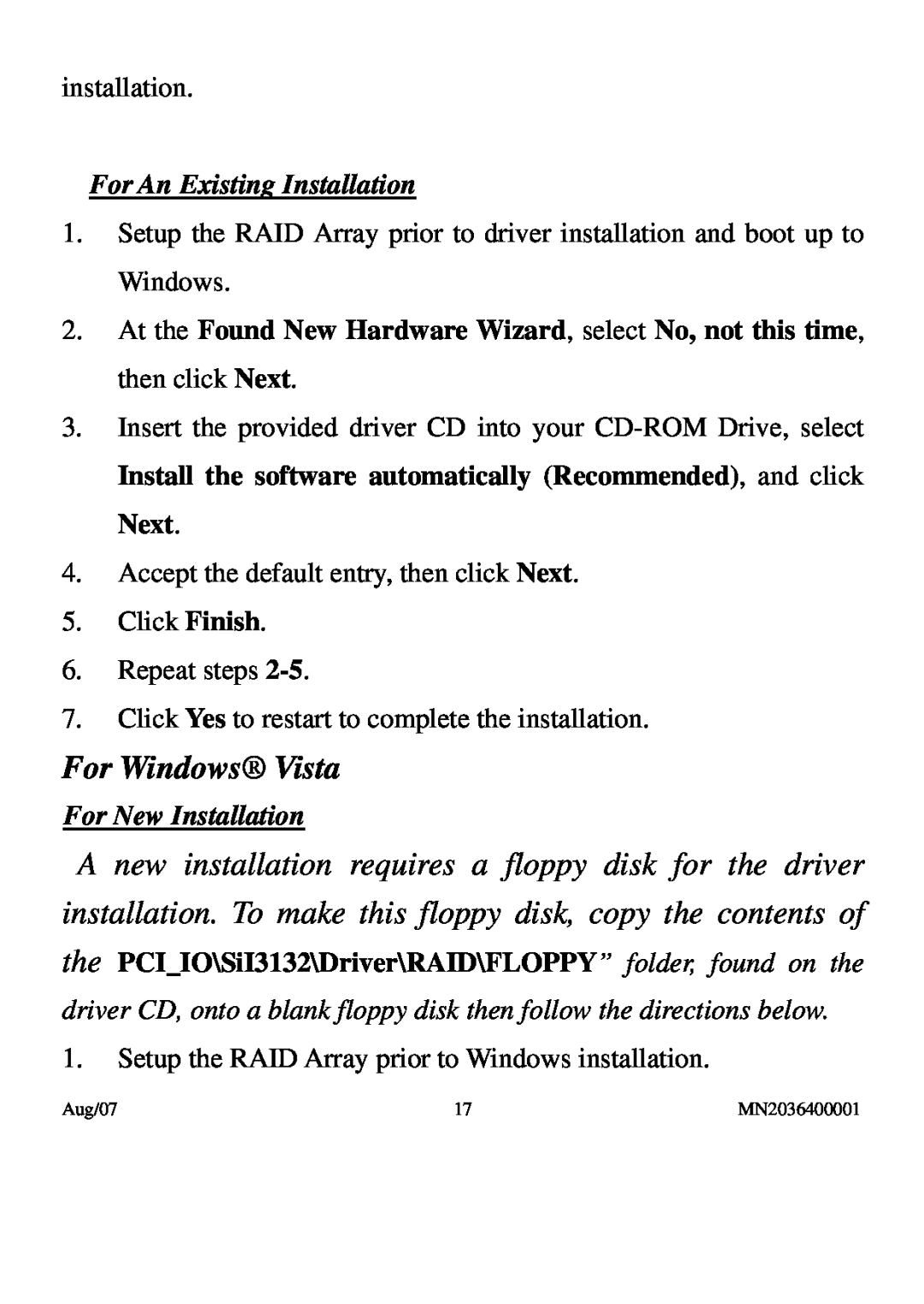 PNY P-DSA2-PCIE-RF user manual For Windows Vista, For An Existing Installation, For New Installation 