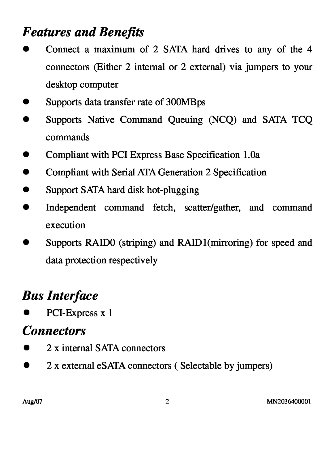 PNY P-DSA2-PCIE-RF user manual Features and Benefits, Bus Interface, Connectors 