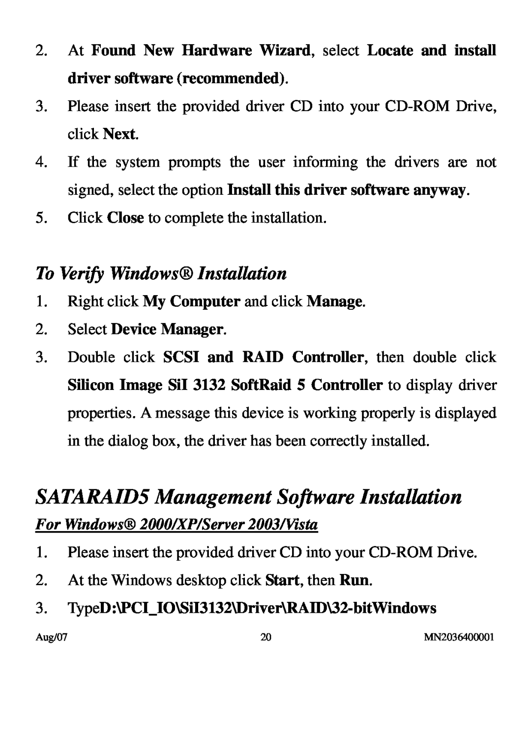 PNY P-DSA2-PCIE-RF SATARAID5 Management Software Installation, To Verify Windows Installation, Select Device Manager 