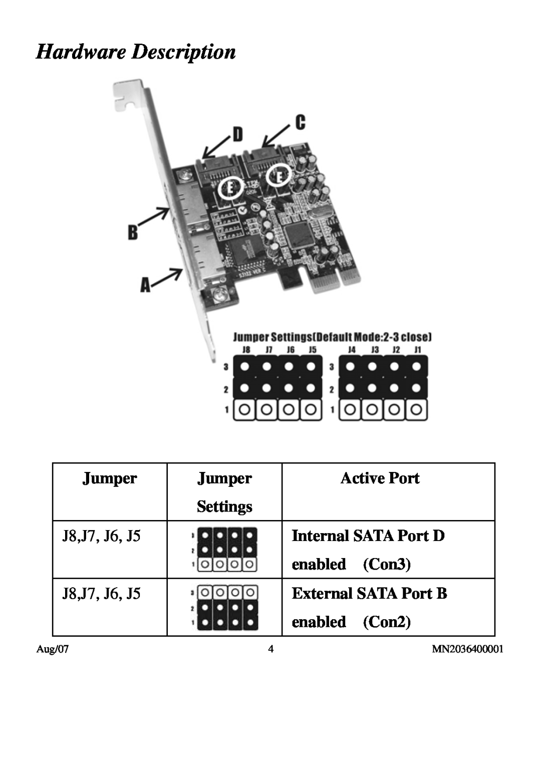 PNY P-DSA2-PCIE-RF user manual Hardware Description, Jumper, Active Port, Settings, Aug/07, MN2036400001 