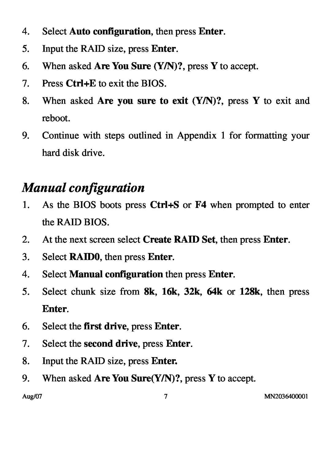 PNY P-DSA2-PCIE-RF user manual Manual configuration, Select Auto configuration, then press Enter 