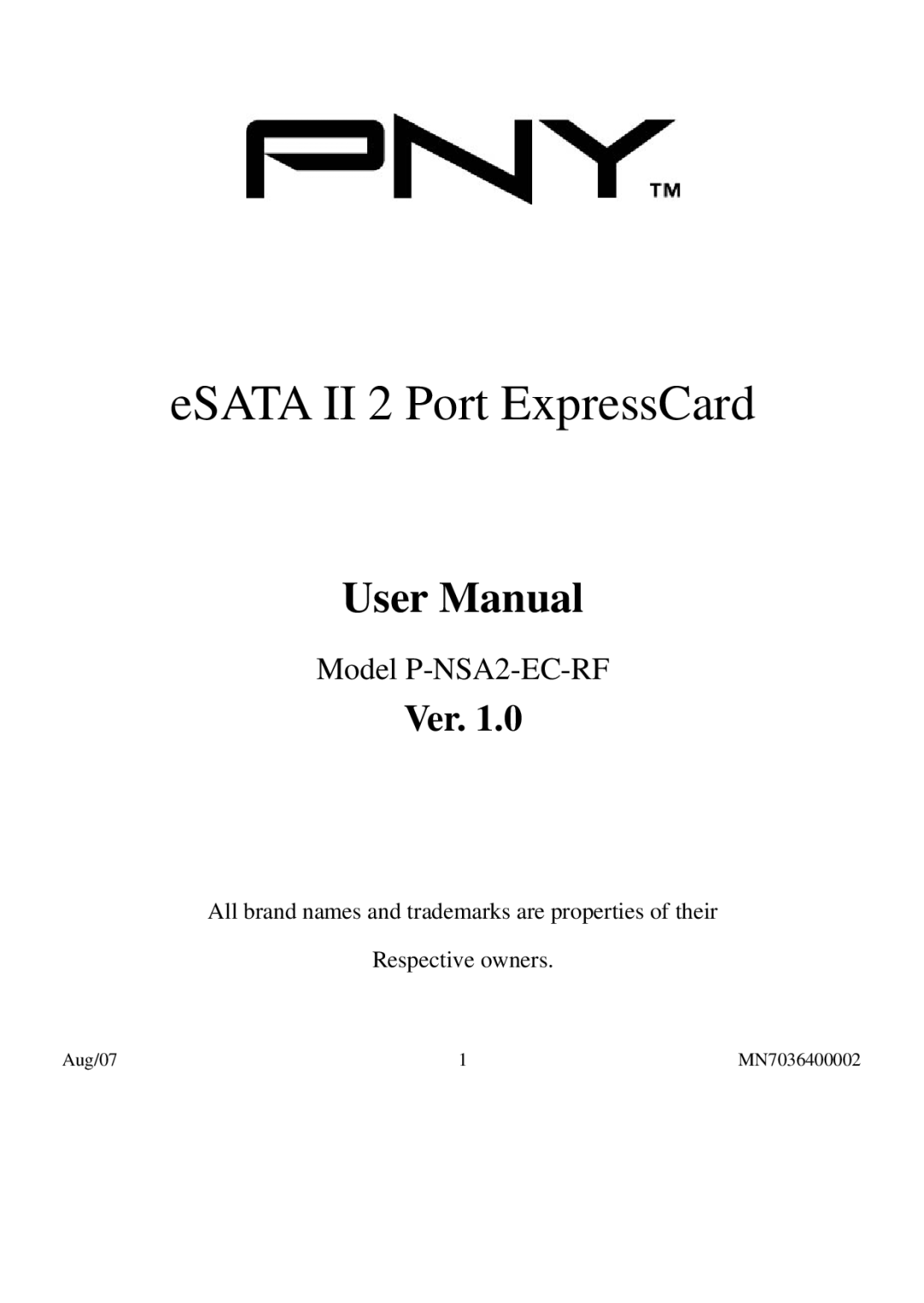 PNY P-NSA2-EC-RF user manual ESATA II 2 Port ExpressCard 