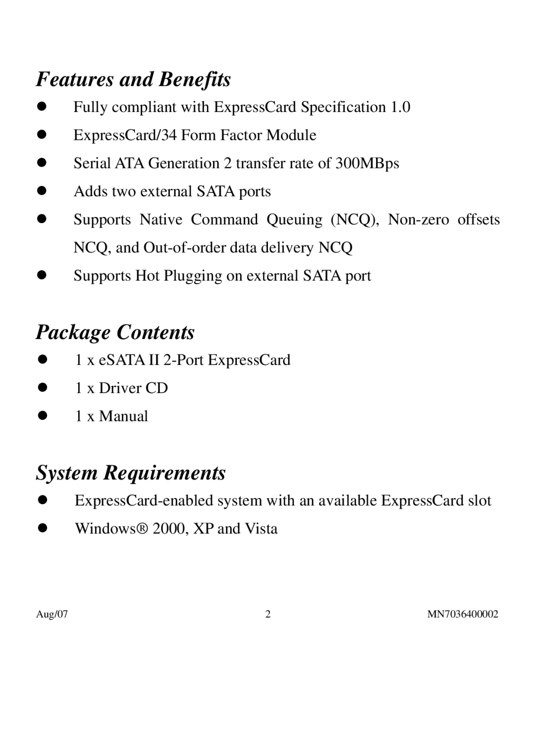 PNY P-NSA2-EC-RF user manual Features and Benefits, Package Contents, System Requirements 