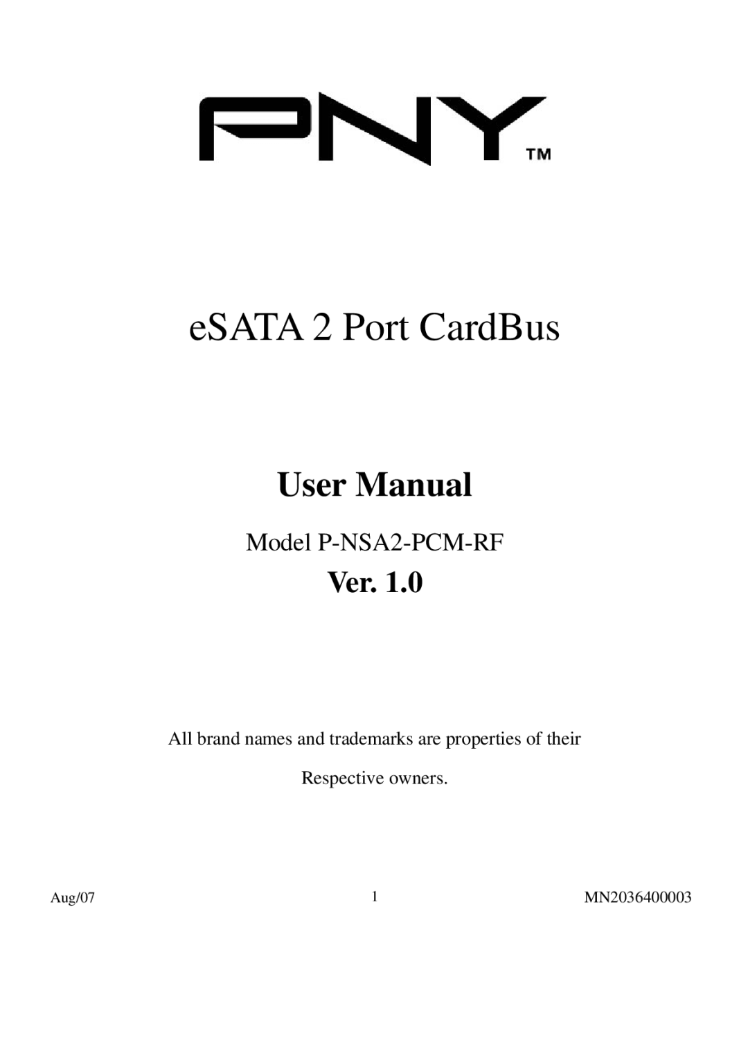 PNY P-NSA2-PCM-RF user manual ESATA 2 Port CardBus 