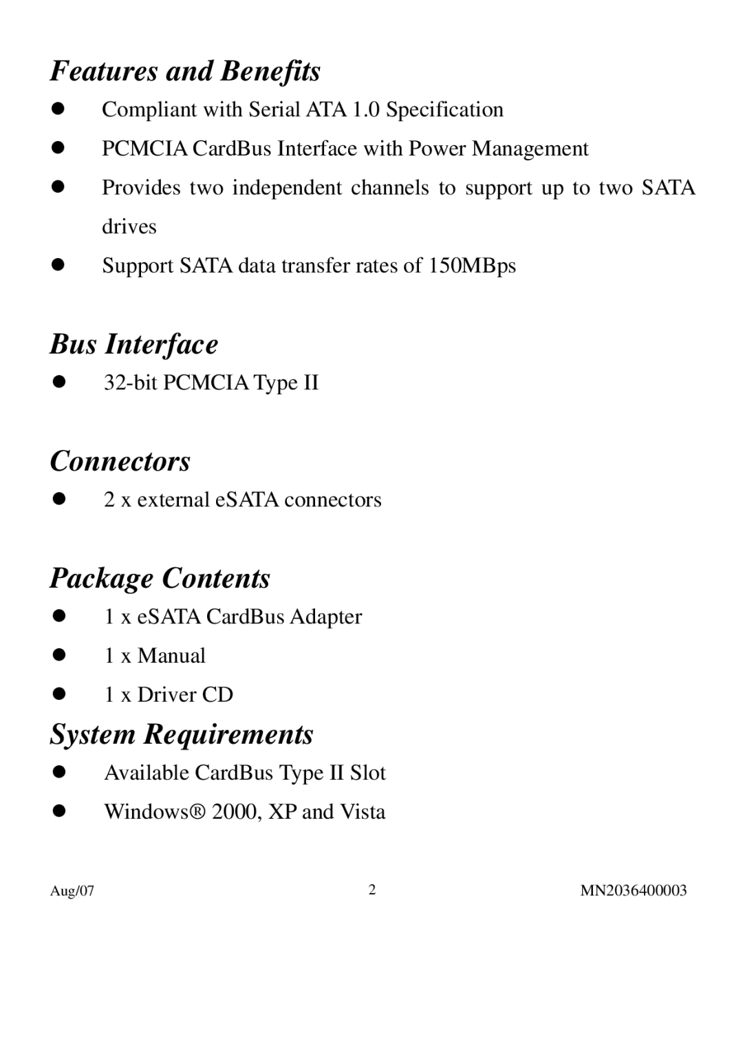 PNY P-NSA2-PCM-RF user manual Features and Benefits, Bus Interface, Connectors, Package Contents, System Requirements 