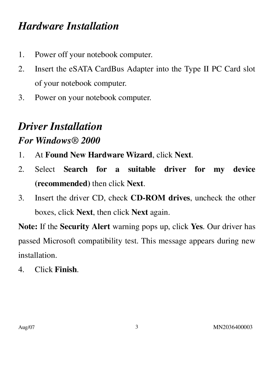 PNY P-NSA2-PCM-RF user manual Hardware Installation, Driver Installation, For Windows 