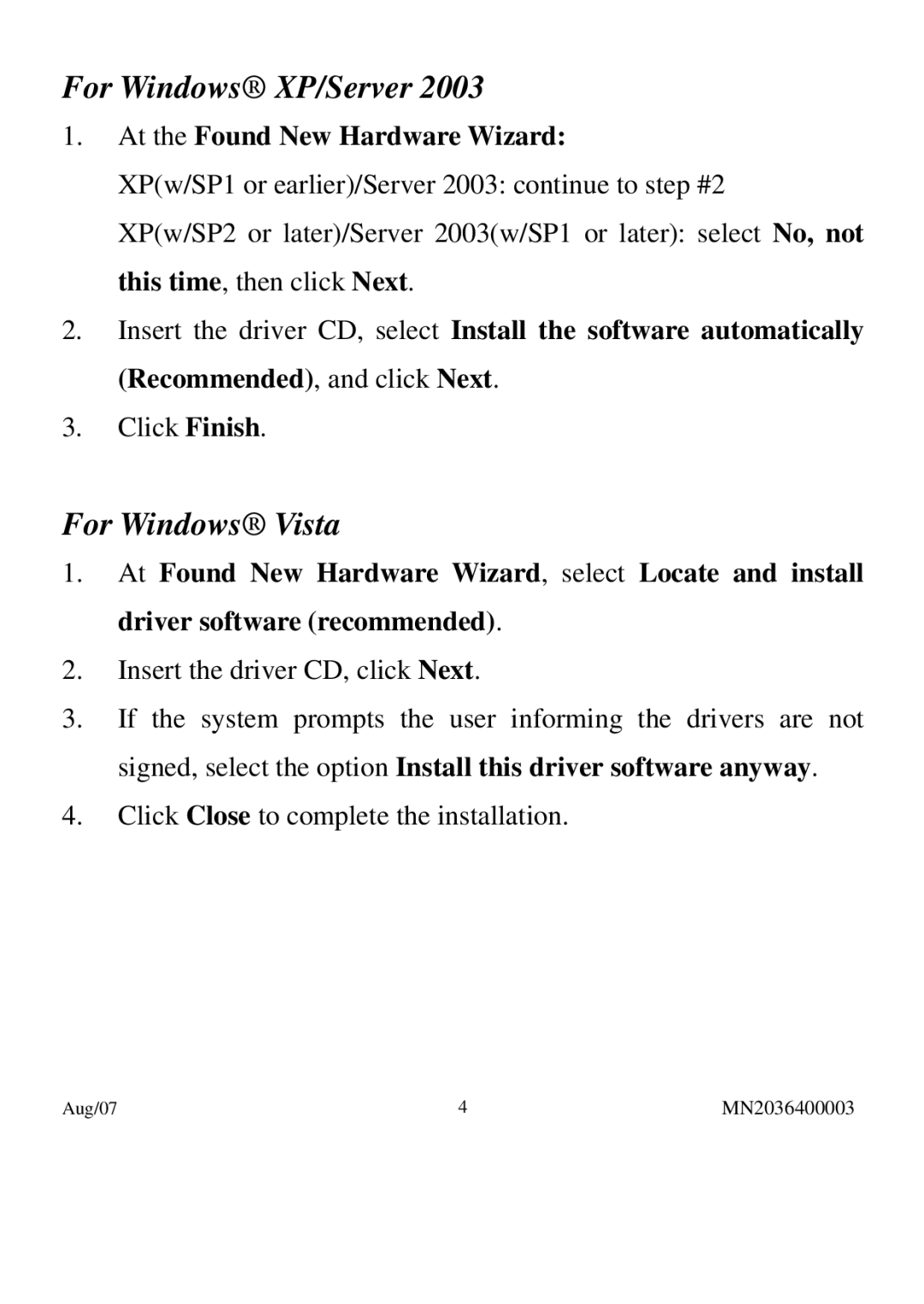 PNY P-NSA2-PCM-RF user manual For Windows XP/Server, For Windows Vista, At the Found New Hardware Wizard 