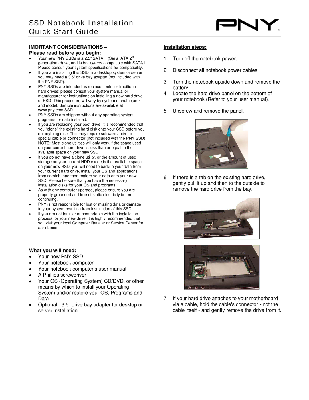 PNY quick start SSD Notebook Installation Quick Start Guide, Imortant Considerations, Please read before you begin 