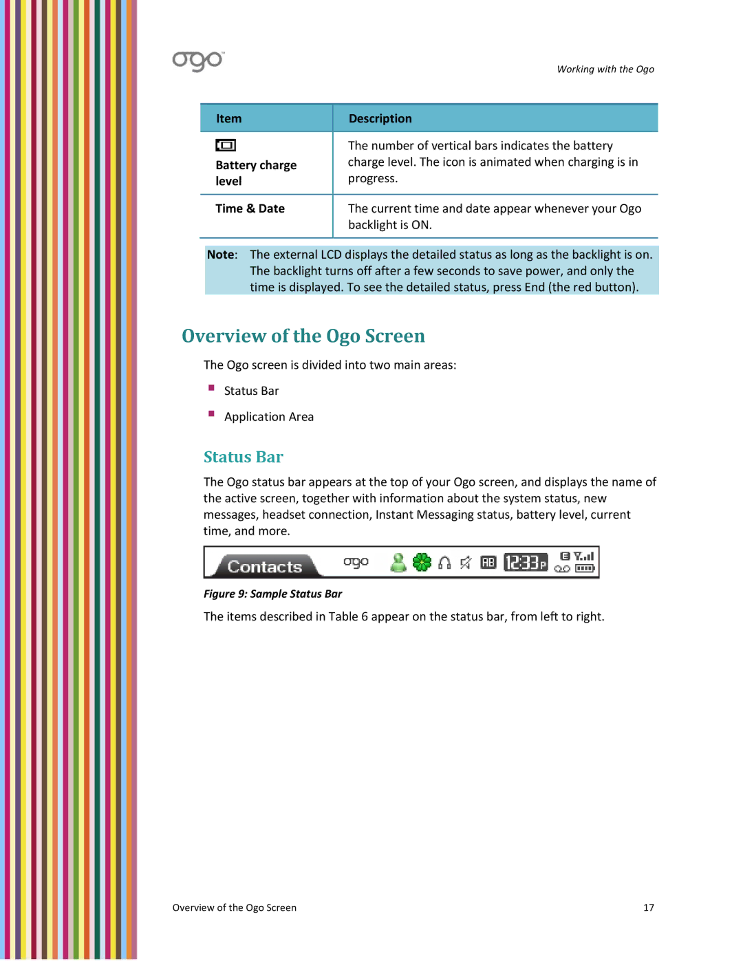 PoGo Products OGO user manual Overview of the Ogo Screen, Status Bar, Number of vertical bars indicates the battery 