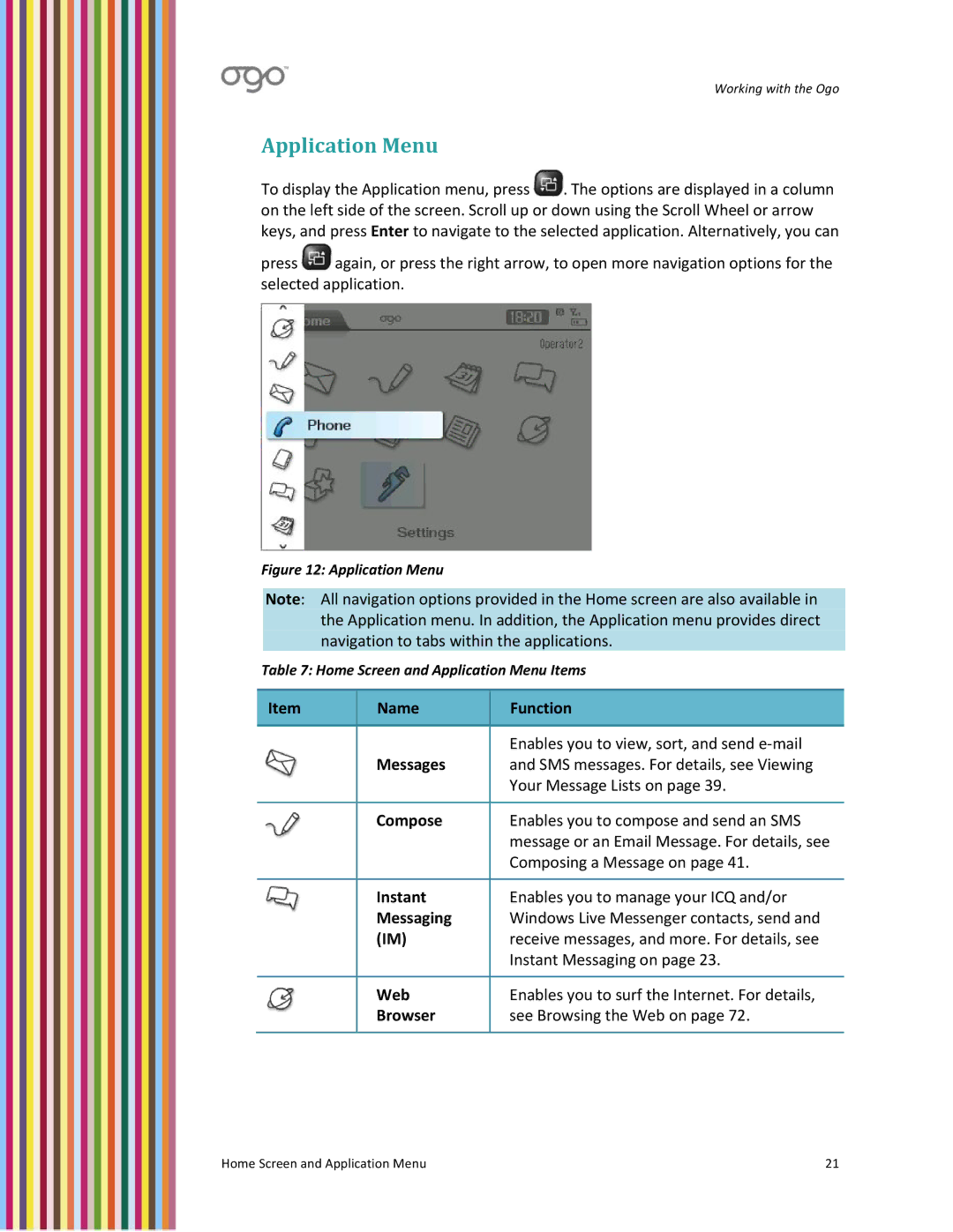 PoGo Products OGO user manual Application Menu, Name Function, Web, Browser 