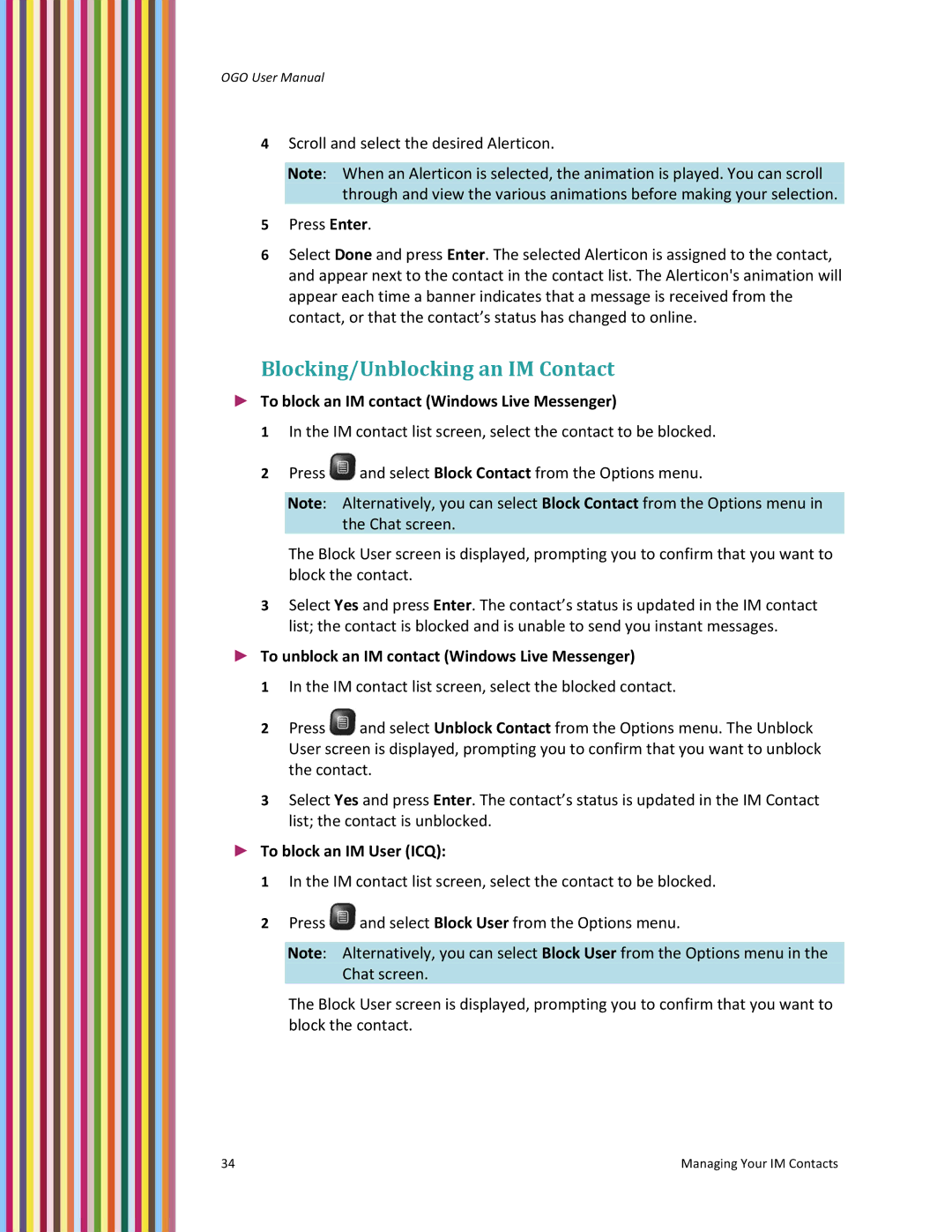 PoGo Products OGO user manual Blocking/Unblocking an IM Contact, To block an IM contact Windows Live Messenger 