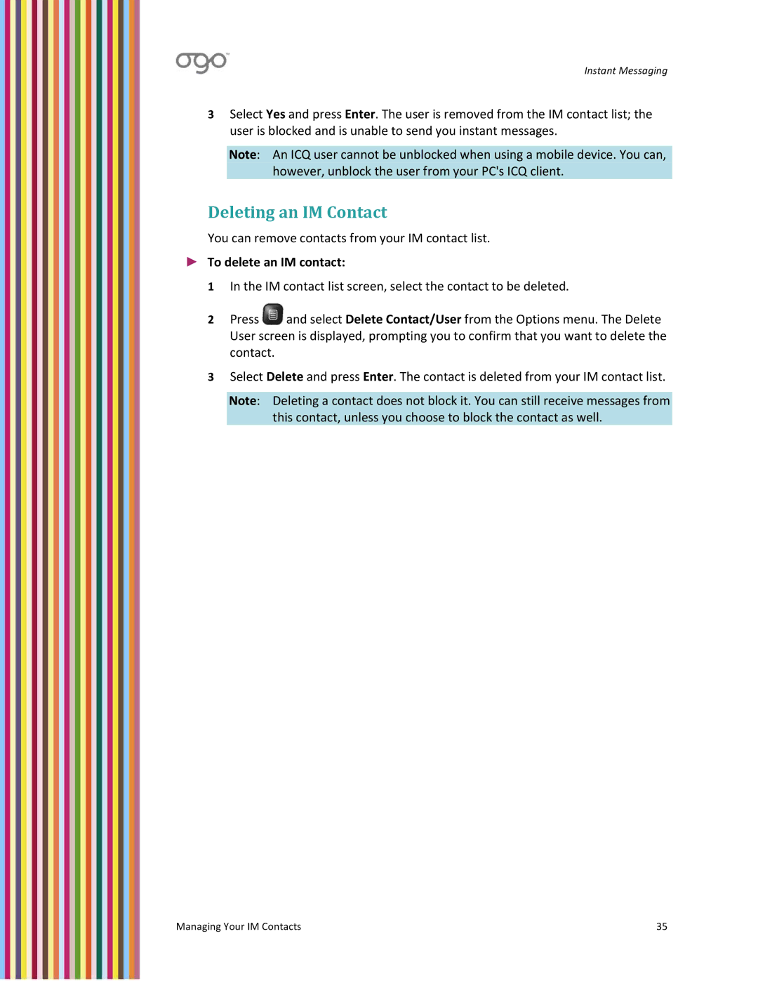 PoGo Products OGO user manual Deleting an IM Contact, To delete an IM contact 