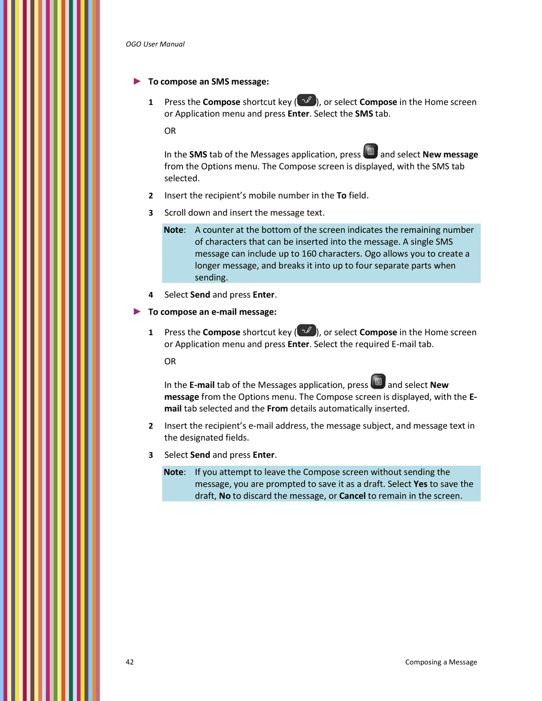 PoGo Products OGO user manual To compose an SMS message, To compose an e‐mail message 