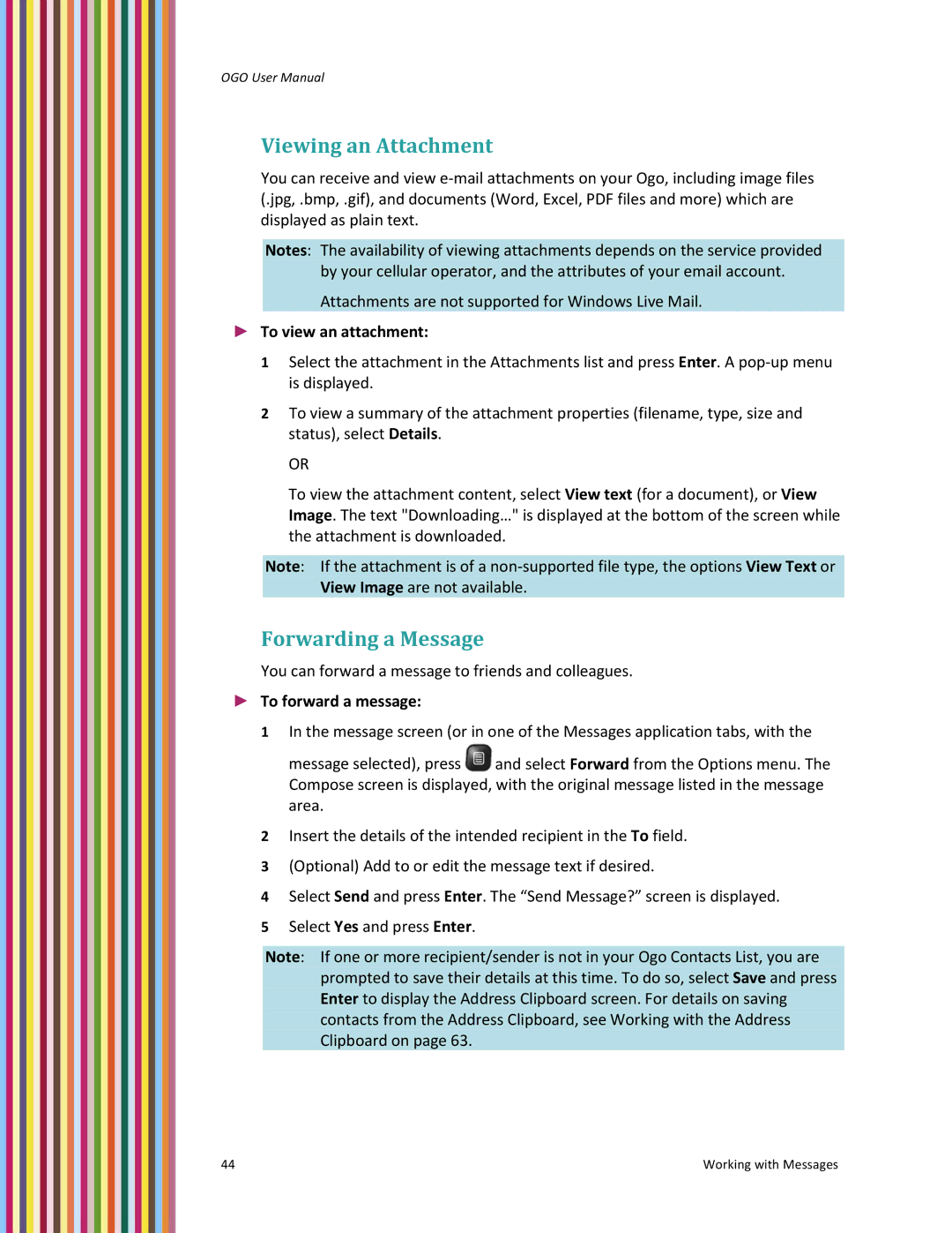 PoGo Products OGO user manual Viewing an Attachment, Forwarding a Message, To view an attachment, To forward a message 