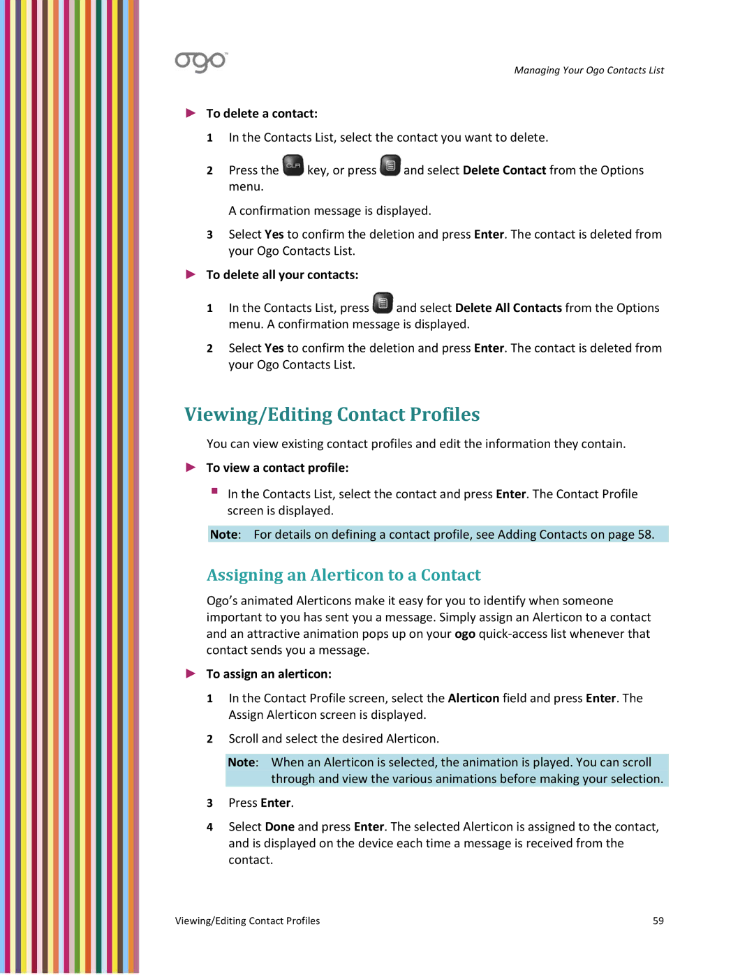 PoGo Products OGO user manual Viewing/Editing Contact Profiles, Assigning an Alerticon to a Contact, To delete a contact 