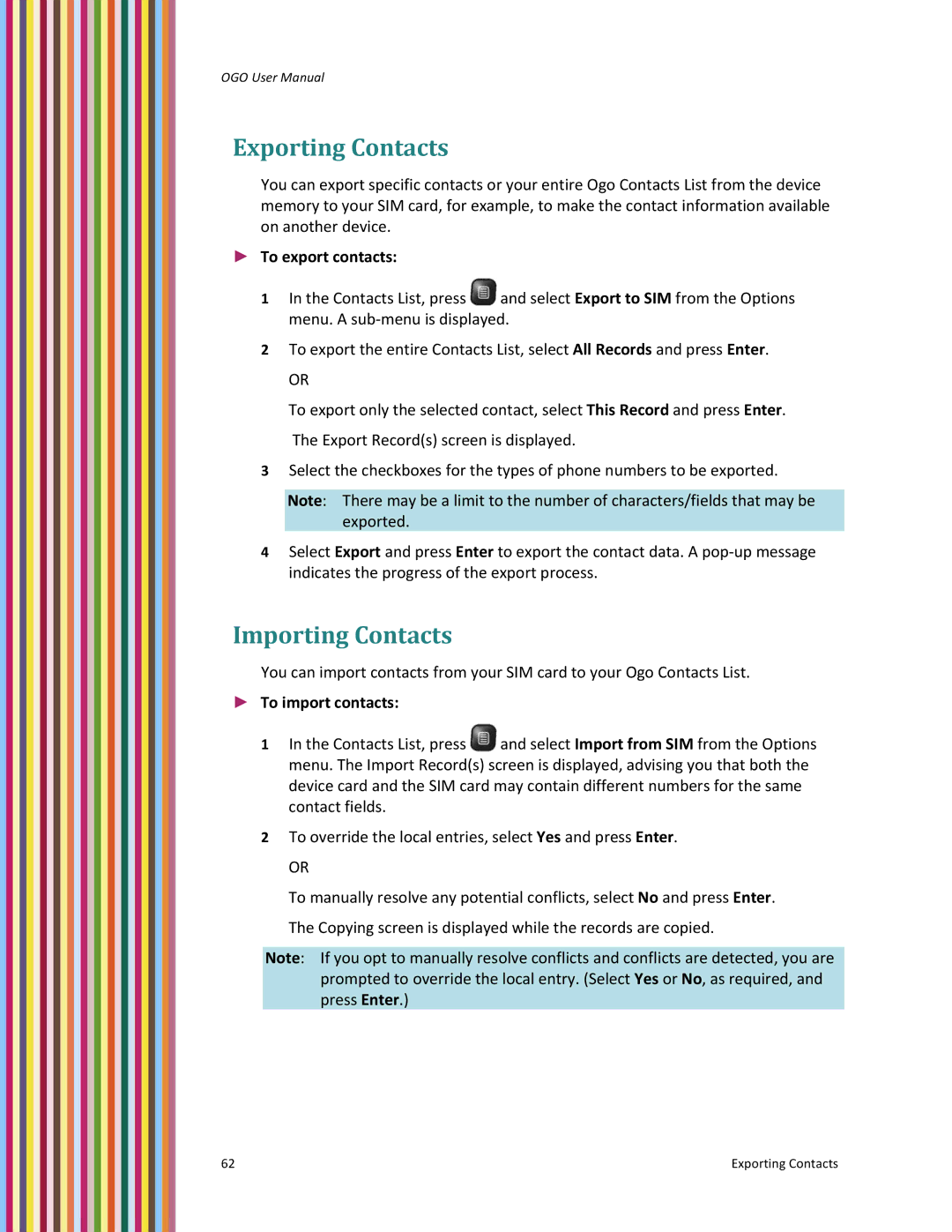PoGo Products OGO user manual Exporting Contacts, Importing Contacts, To export contacts, To import contacts 