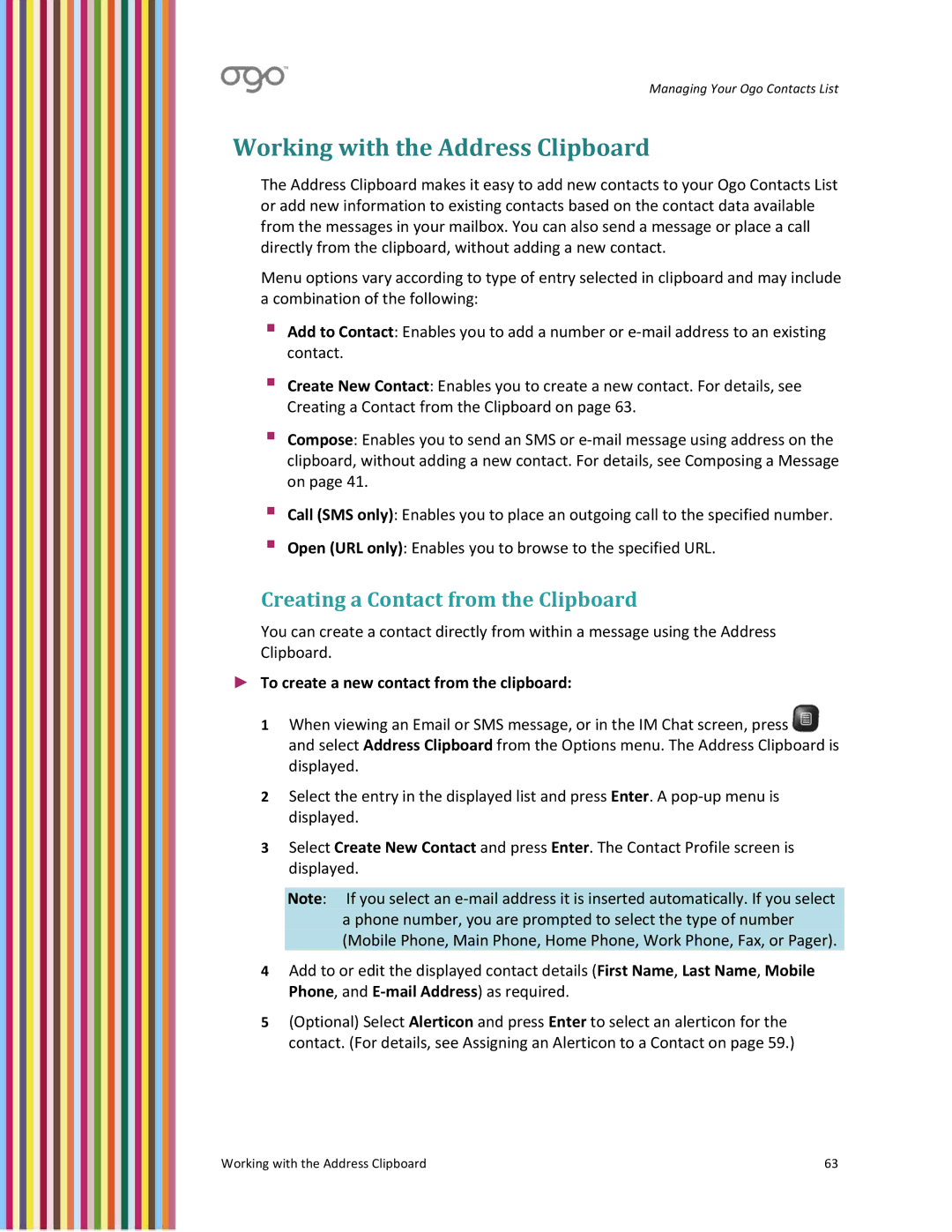 PoGo Products OGO user manual Working with the Address Clipboard, Creating a Contact from the Clipboard 