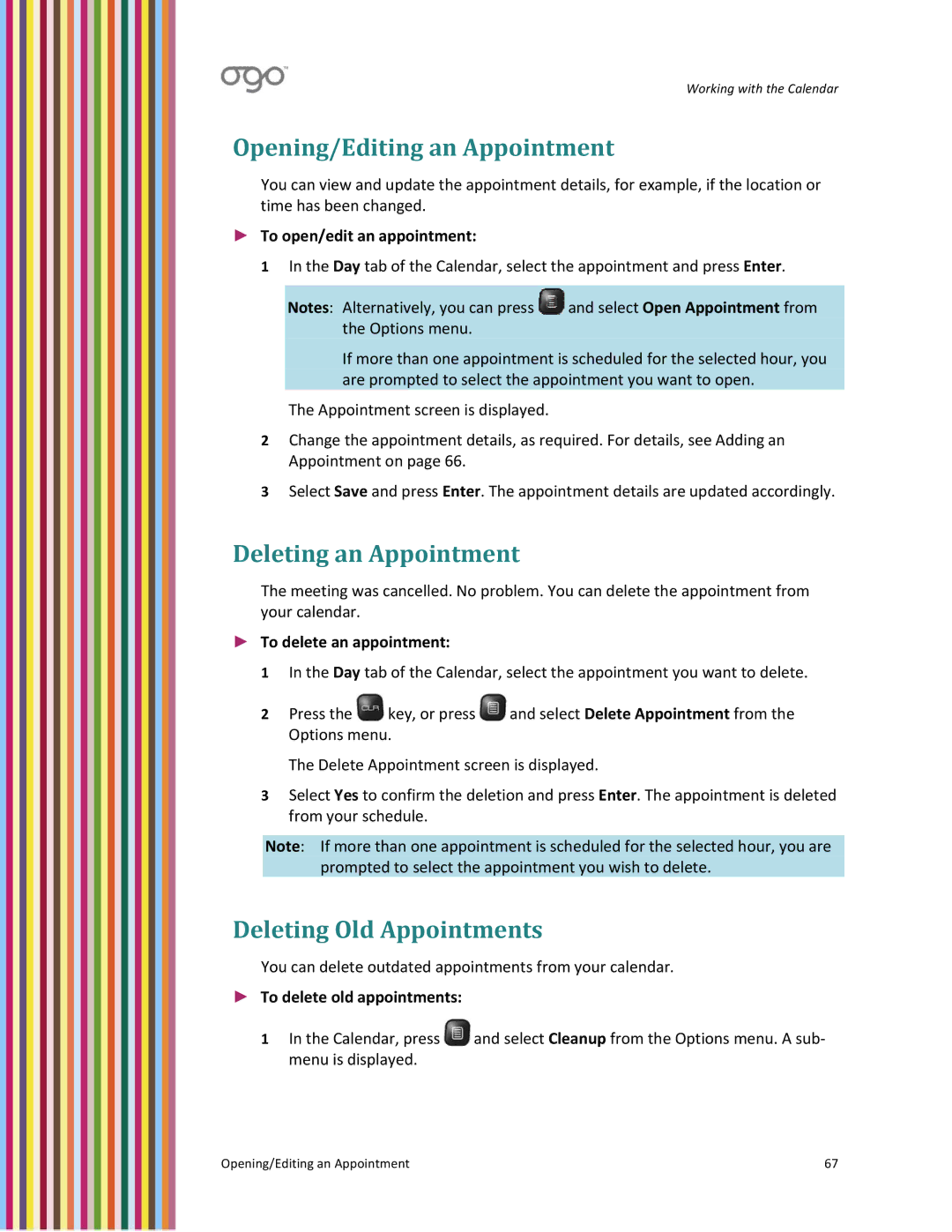 PoGo Products OGO user manual Opening/Editing an Appointment, Deleting an Appointment, Deleting Old Appointments 