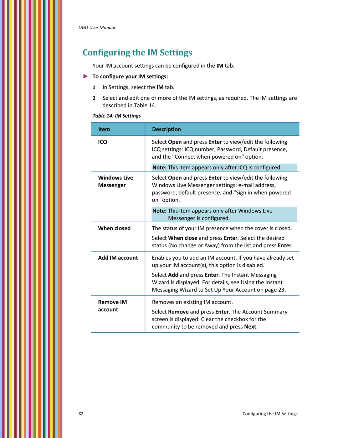 PoGo Products OGO user manual Configuring the IM Settings 