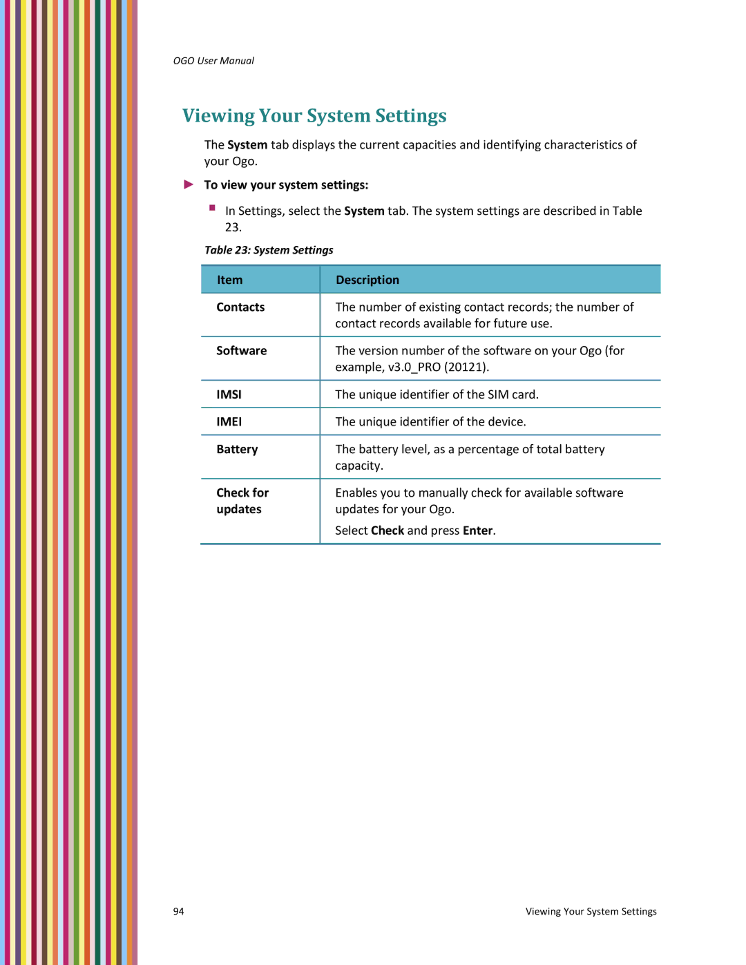 PoGo Products OGO user manual Viewing Your System Settings, To view your system settings, Battery, Updates 