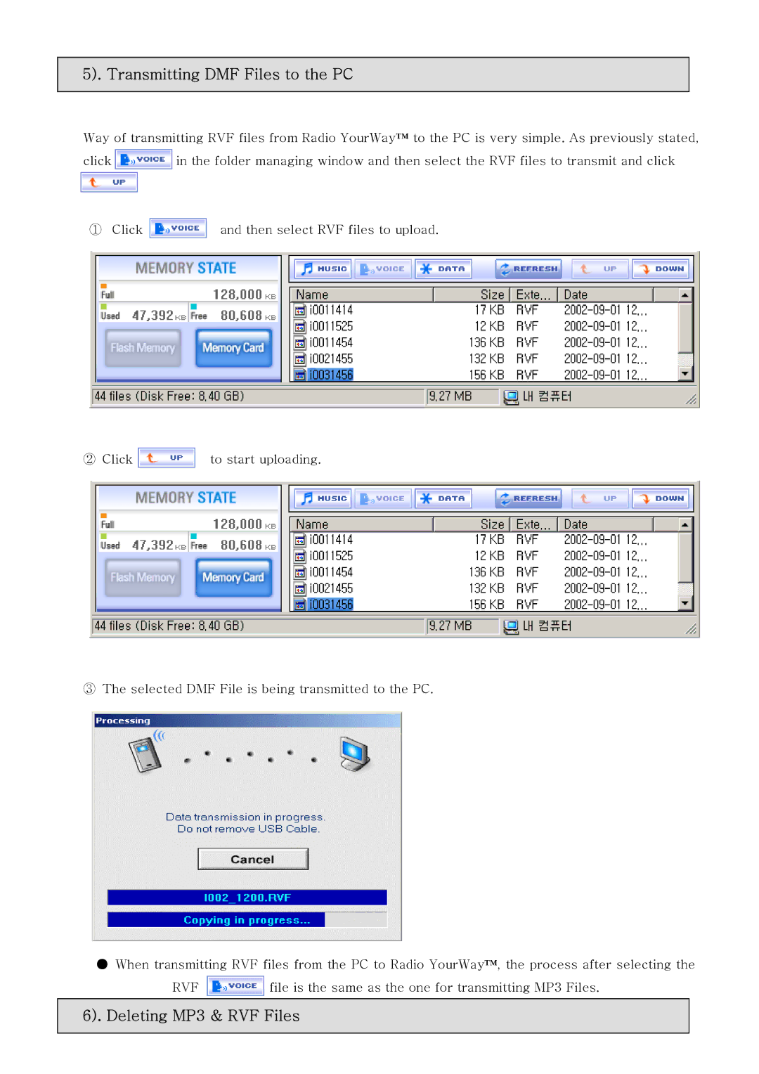 PoGo Products Radio YourWay user manual Transmitting DMF Files to the PC, Deleting MP3 & RVF Files 