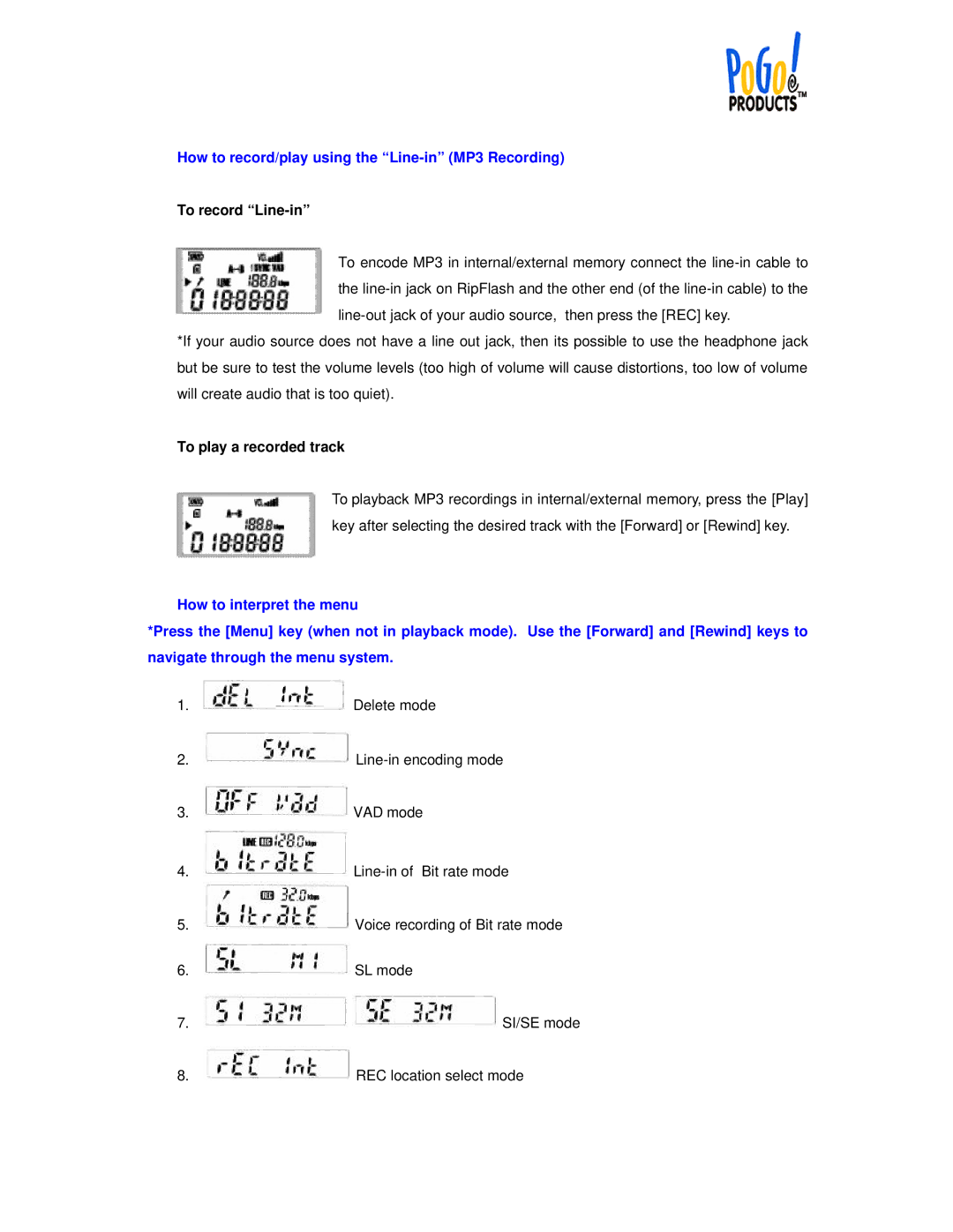 PoGo Products Recordable MP3 Player user manual How to record/play using the Line-in MP3 Recording, To record Line-in 