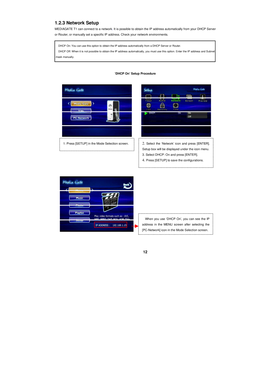 PoGo Products T1 manual Network Setup, ‘DHCP On’ Setup Procedure 