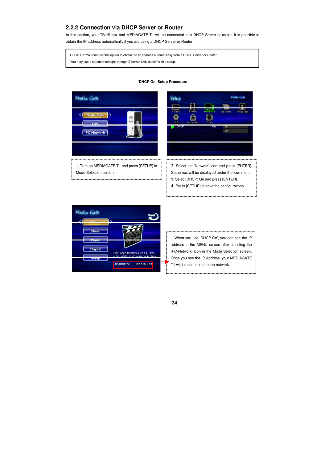 PoGo Products T1 manual Connection via Dhcp Server or Router, ‘DHCP On’ Setup Procedure 