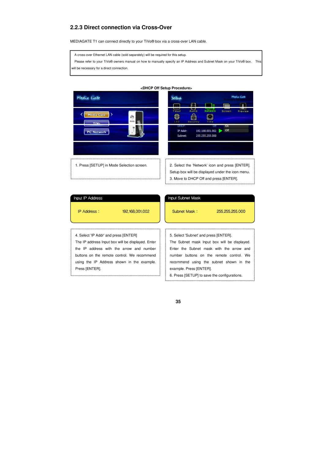 PoGo Products T1 manual Direct connection via Cross-Over, Dhcp Off Setup Procedure 