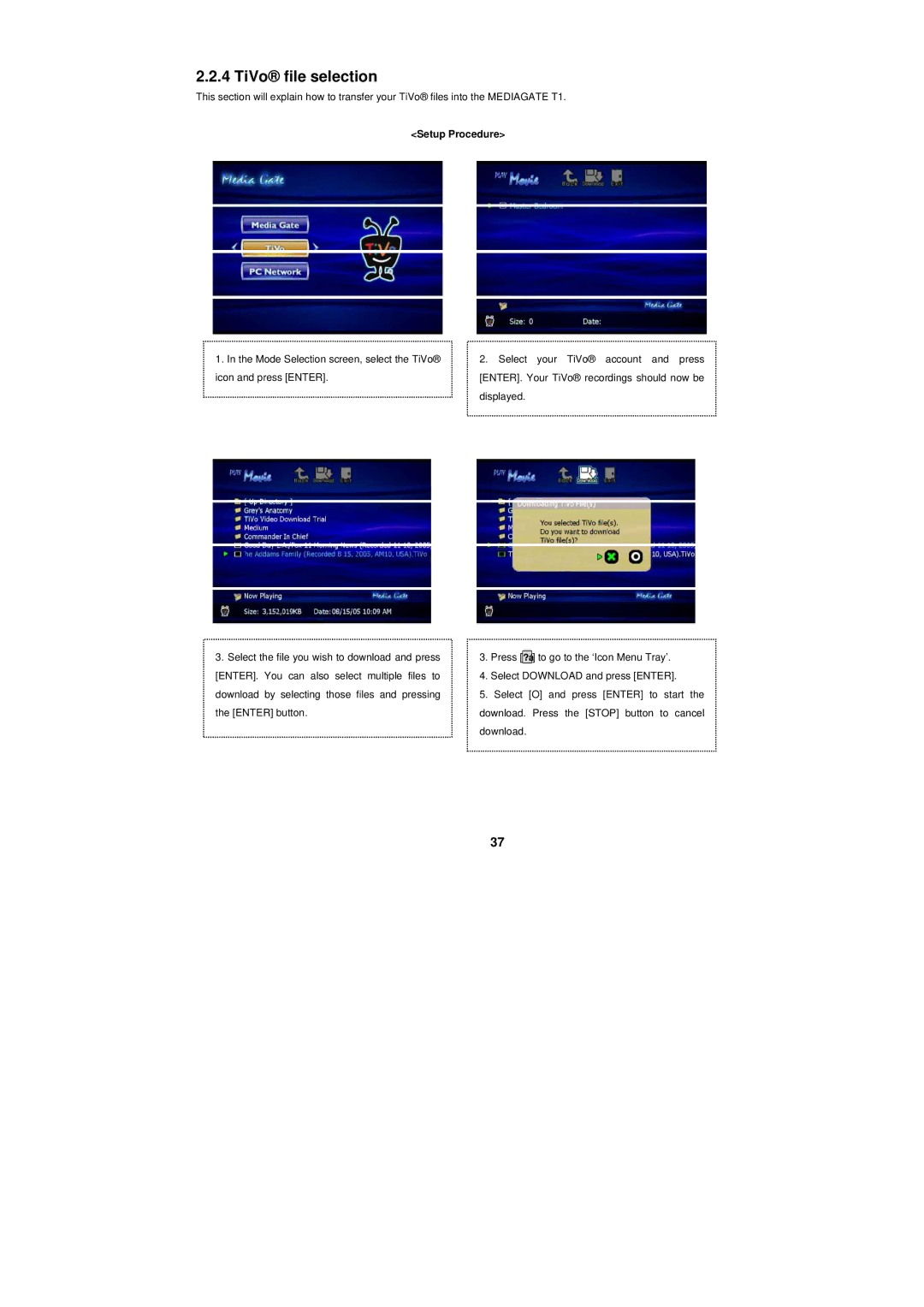 PoGo Products T1 manual TiVo file selection, Setup Procedure 