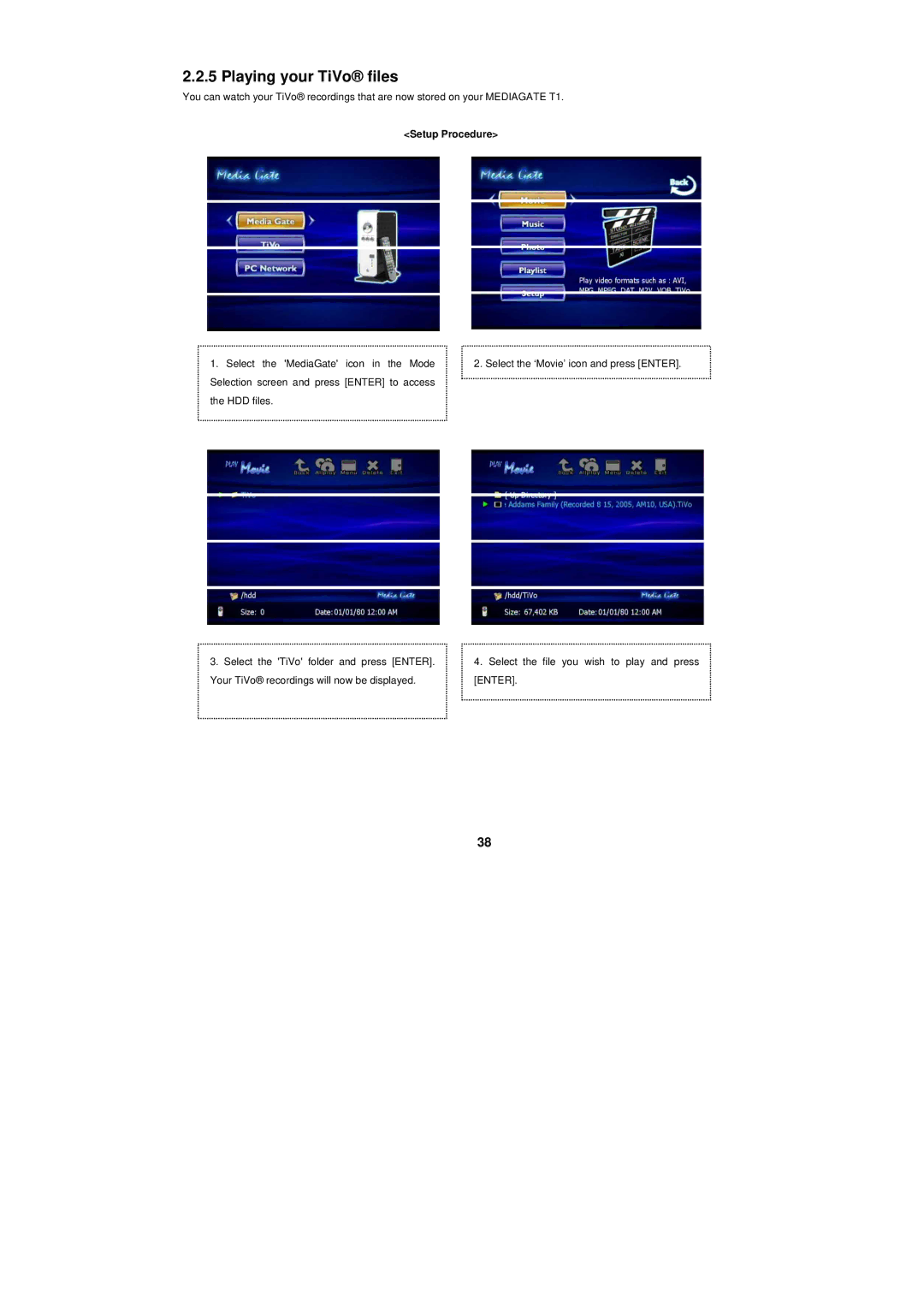 PoGo Products T1 manual Playing your TiVo files 