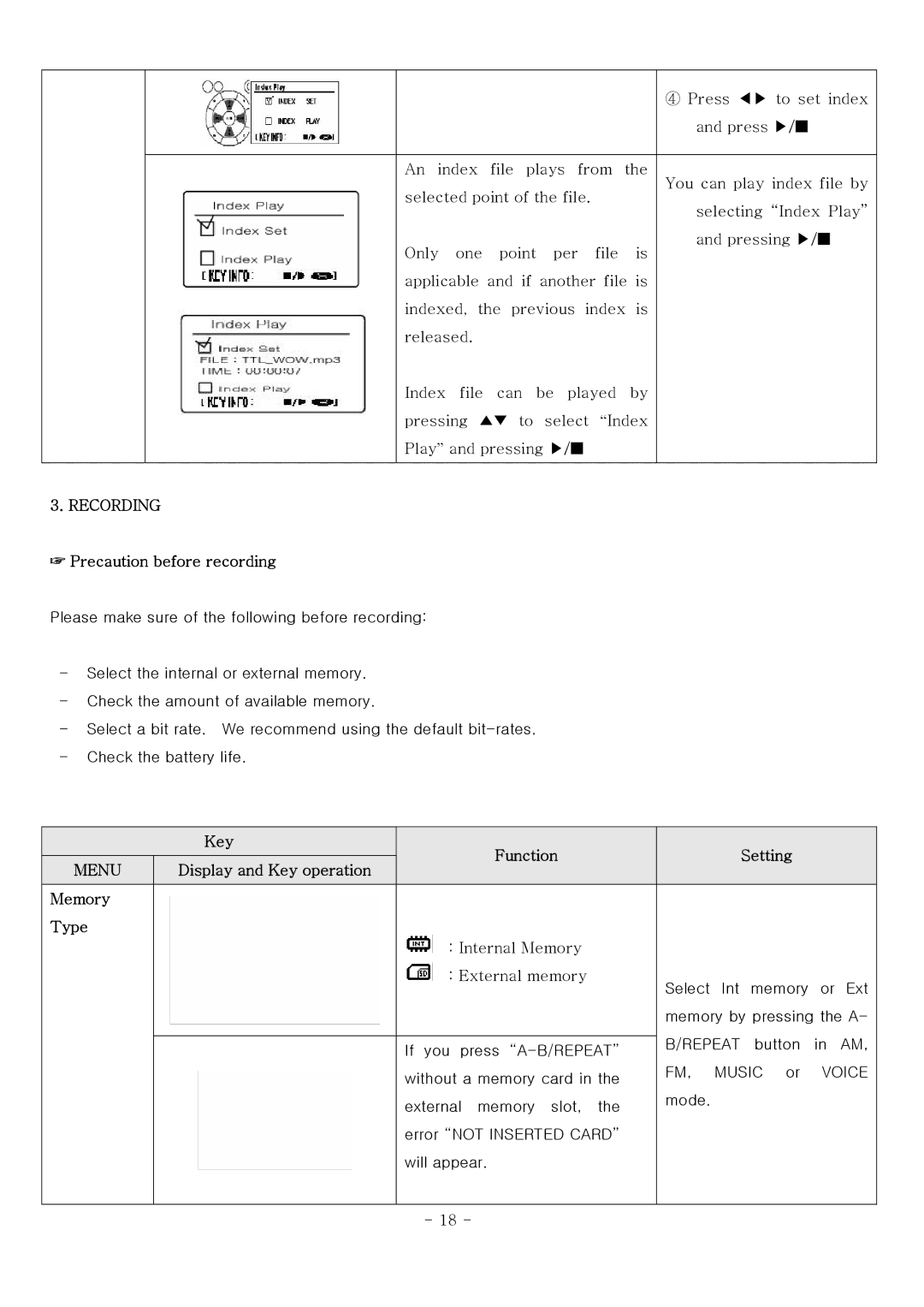 PoGo Products WMA Player This manual Recording, Precaution before recording, Memory Type 