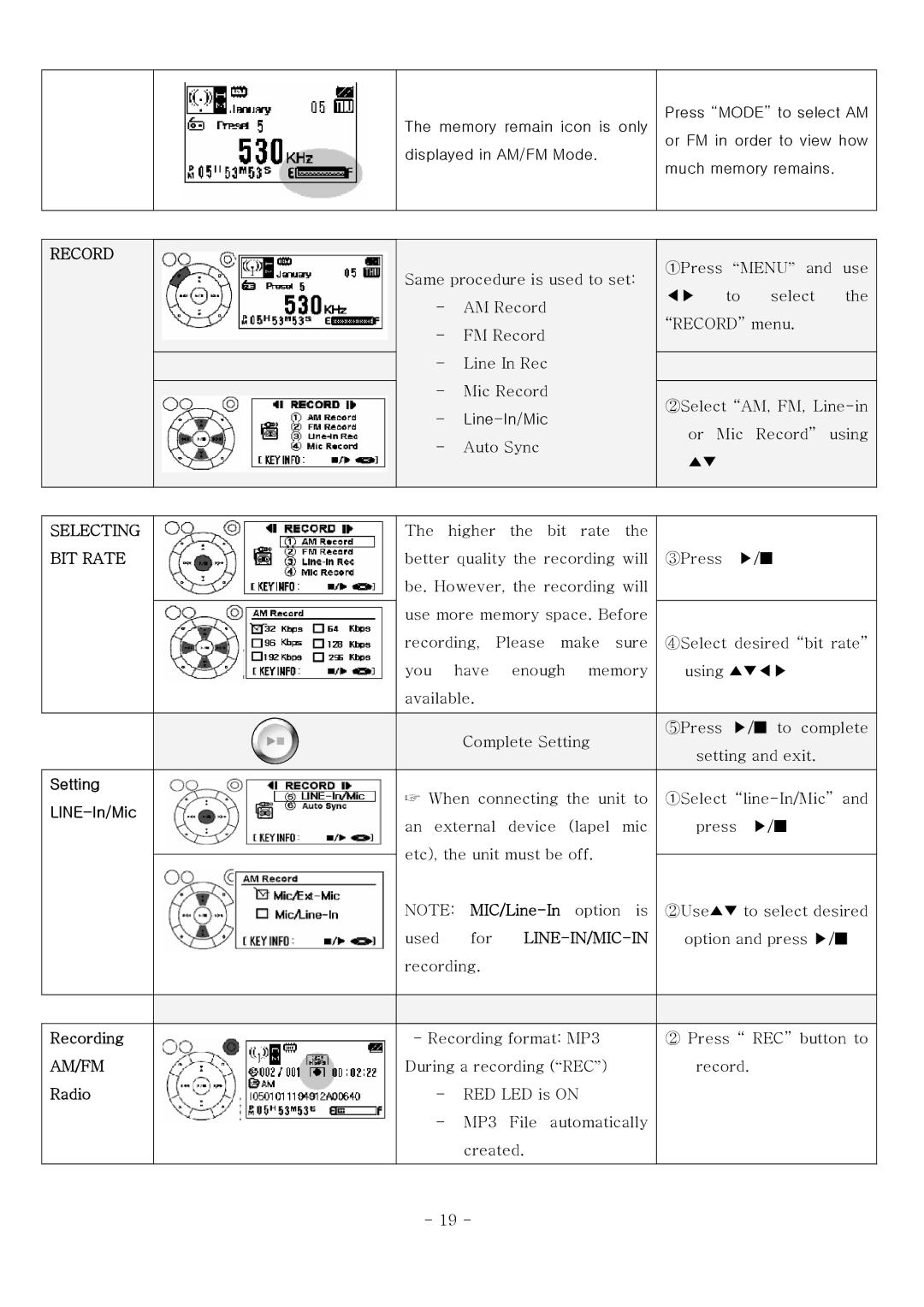 PoGo Products AM/FM Radio Recorder/Voice Recorder/MP3 manual Selecting BIT Rate, Setting LINE-In/Mic Recording, Am/Fm 