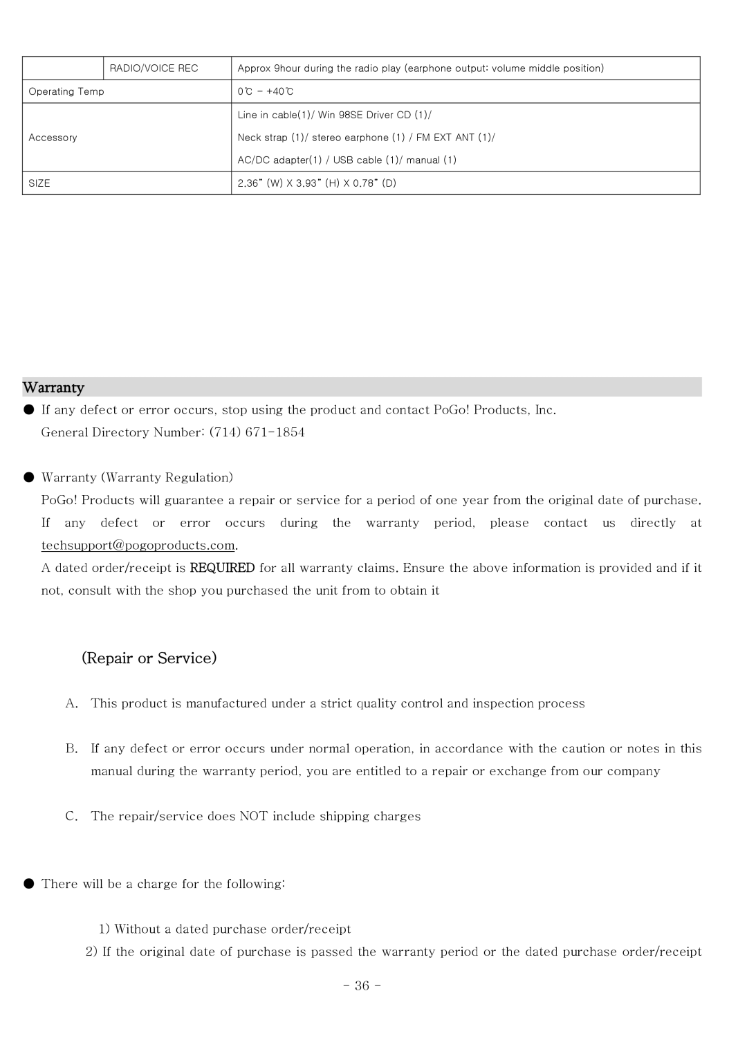 PoGo Products WMA Player This manual, AM/FM Radio Recorder/Voice Recorder/MP3 Warranty, Size 