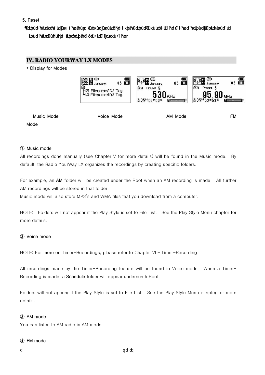 PoGo Products AM/FM Radio Recorder/Voice Recorder/MP3 manual IV. Radio Yourway LX Modes, ② Voice mode, ③ AM mode, ④ FM mode 