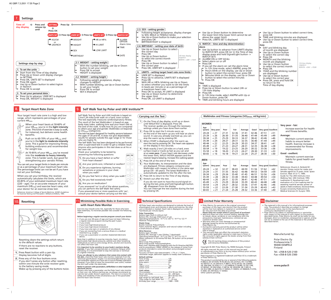 Polar 179336GBRA user manual Resetting, Settings step by step, WalkIndex and Fitness Categories VO2max, ml/kg/min 