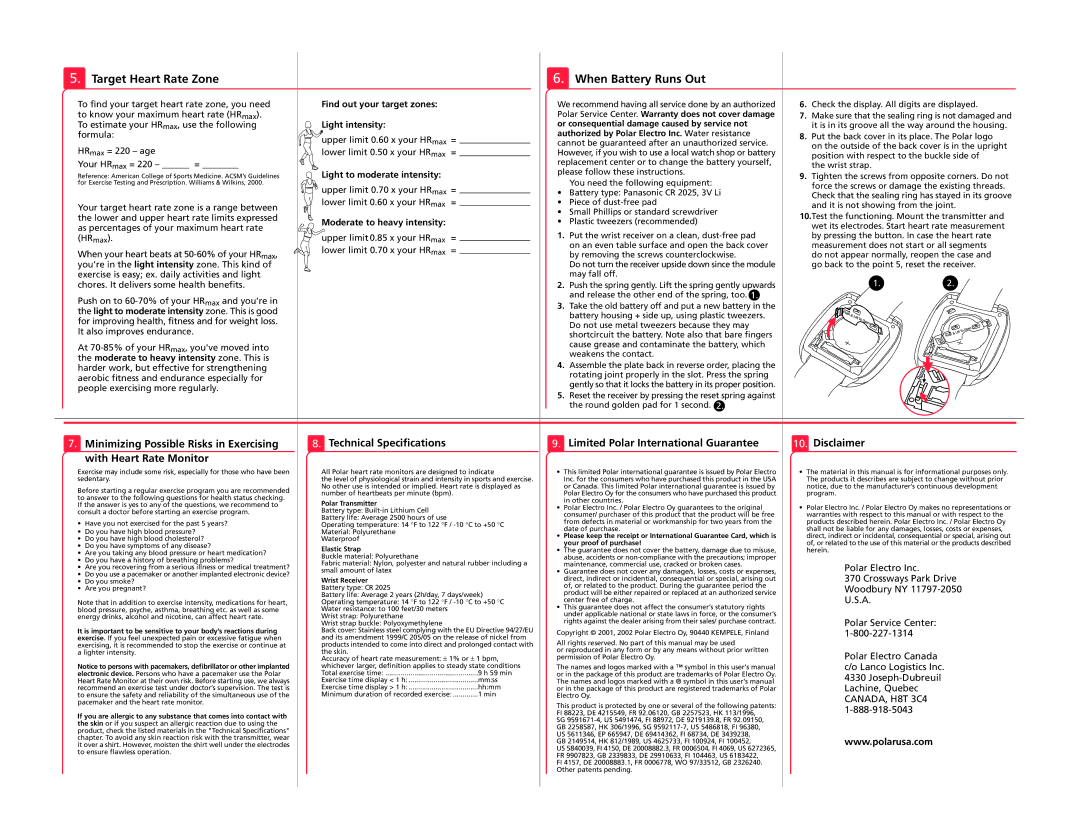 Polar A1 user manual Target Heart Rate Zone, When Battery Runs Out, Polar Transmitter, Elastic Strap 